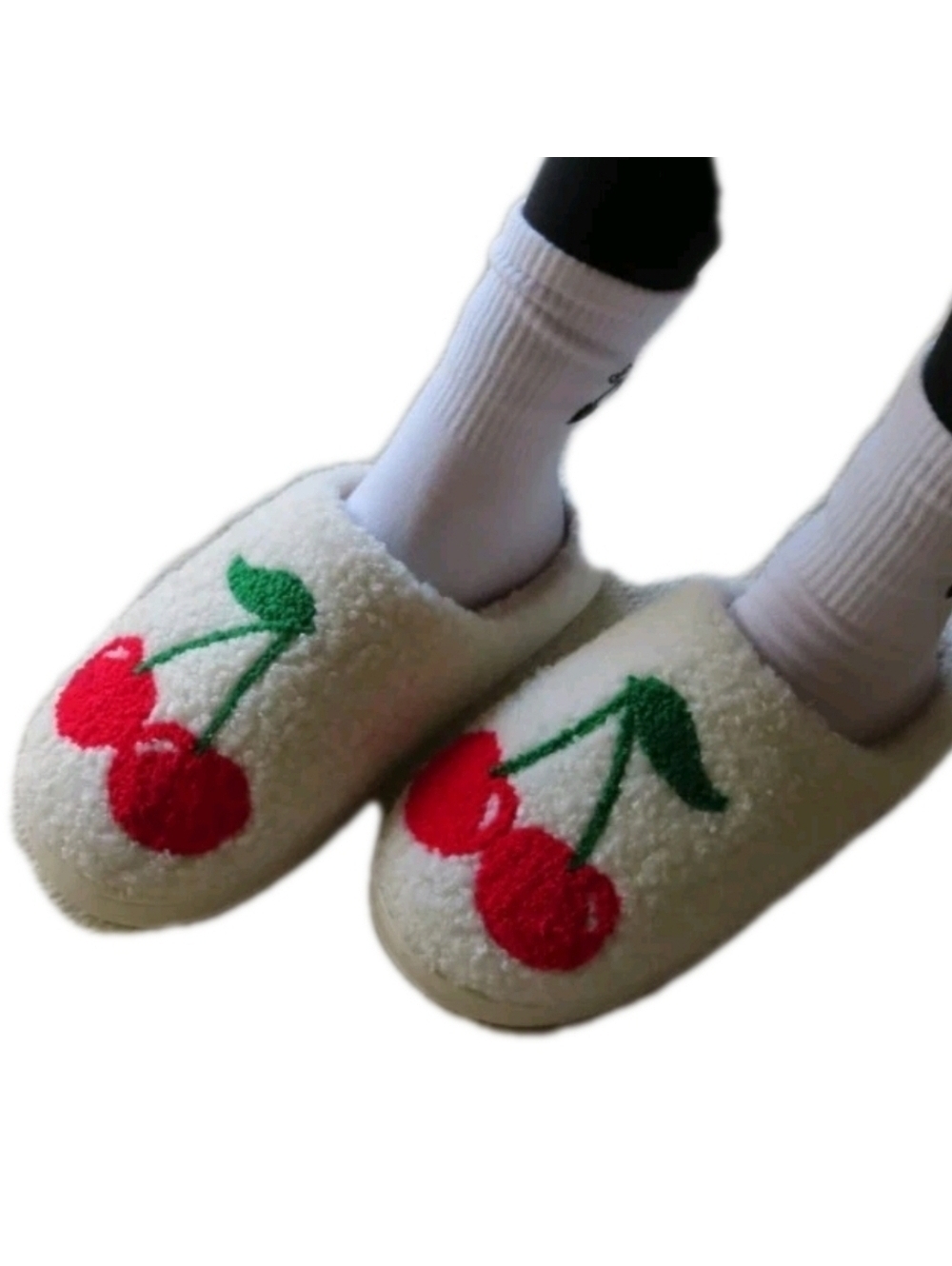 Smiley Face Plush Slippers Soft Size 10 House Shoes Slip Ons Cherries [COPY]